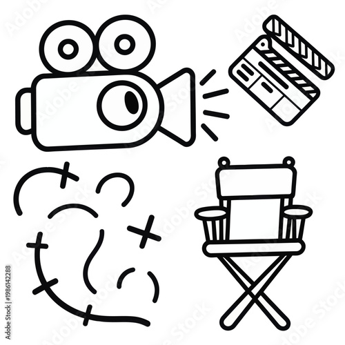 Set of 4 Black and White Line Art Filmmaking Icons Vector