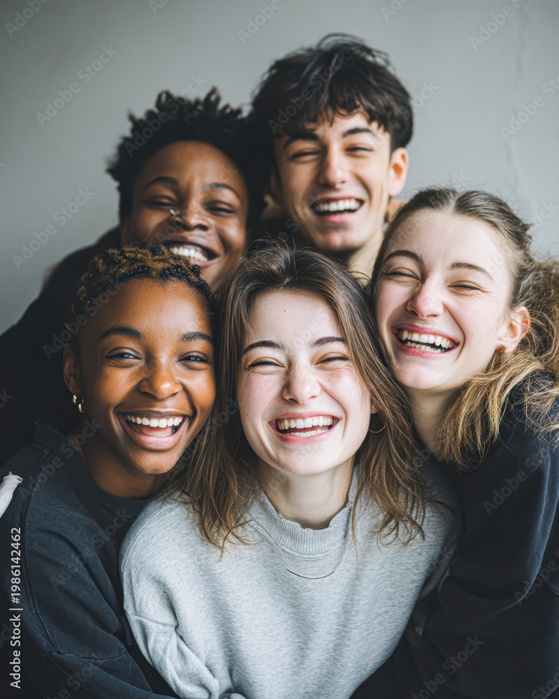 Fototapeta premium Four diverse young adults smiling and hugging closely, radiating joy and friendship in a warm, casual setting.