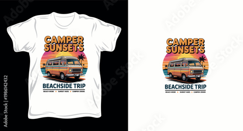 Vintage camper van beachside trip graphic design for apparel featuring retro sunset and ocean view graphic vector art t-shirt design print template.