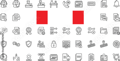 Customer support service and help desk outline icon set featuring communication assistance ticket management troubleshooting feedback workflow vector collection