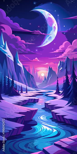 Mystical moonlit valley a vibrant digital art landscape
