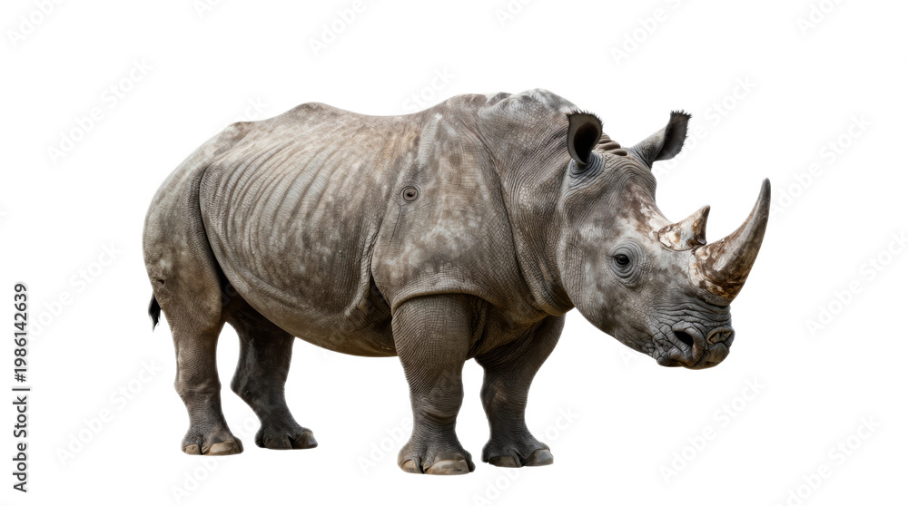 Obraz premium Rhino standing on a white background. The rhino is large and has a horn on its head