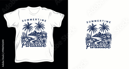 Tropical island paradise with palm trees and mountains summertime paradise graphic vector art t-shirt design print template.
