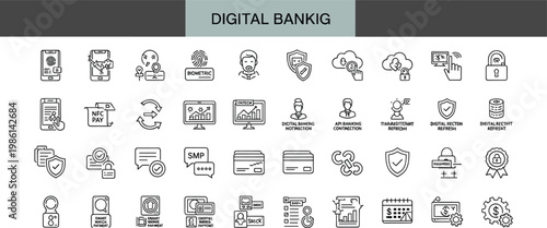 Digital Banking and Online Payment Line Icon Set Fintech Finance Security Transaction Outline Vector Collection