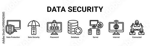 Data Security web banner icon vector illustration with icons of Data Protection, Data Security, Password, Database, Server, Internet and Connected