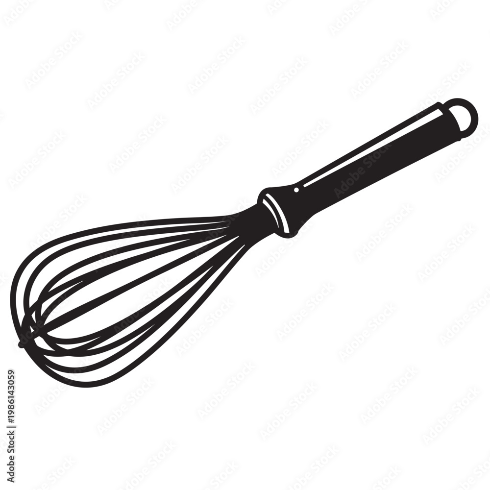 Obraz premium Black and white line art illustration of a kitchen whisk, simple cooking utensil design.