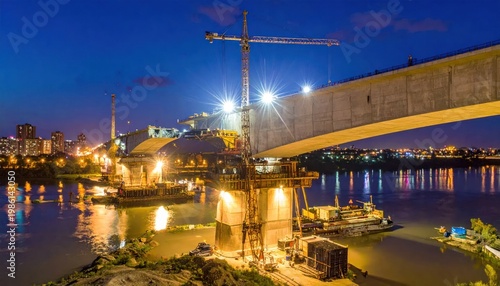 Bridge Construction at Night Over River with Crane and Lights.