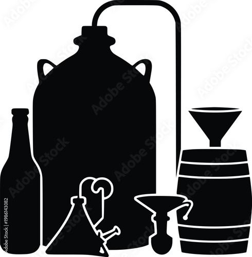 Silhouette of wine and distillery equipment in black