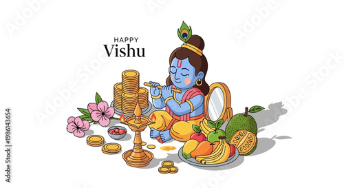 Illustrated vector art displaying a Vishu Kani concept with baby Krishna playing the flute near a traditional lamp and fruit platter, embodying Kerala's cultural heritage on a white