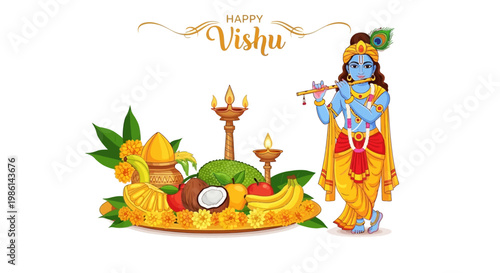 Vishu Kani, a traditional arrangement of auspicious items for the Kerala new year, is depicted in a vibrant vector illustration alongside a Krishna figure playing the flute, set