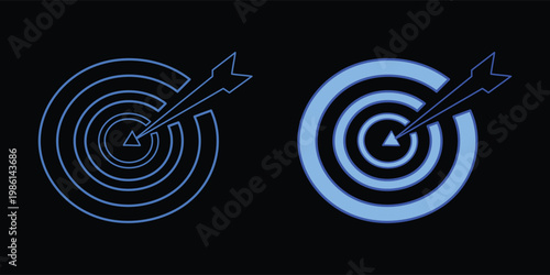 Target Achievement with Arrow Hitting Bullseye in Blue Neon Style on Dark Background, Business Goal Strategy and Success Concept Illustration