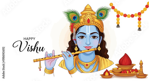Detailed vector illustration depicts a blue-skinned deity playing a flute, adorned with a golden headdress and peacock feathers, set against a bright white background with traditional Vishu