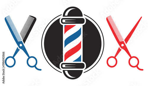 Classic barber shop logo, retro vector emblem with barber pole, scissors, razor, and comb tools, traditional grooming symbol design for hair salon branding, men’s haircut services, and vintage style 