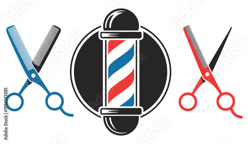 Classic barber shop logo featuring haircutting tools and barber pole, vintage style vector design with scissors, comb, and razor elements for grooming salon branding, retro identity, and professional 