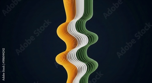 Abstract studio photograph of wavy saffron white and green ribbons on a dark background