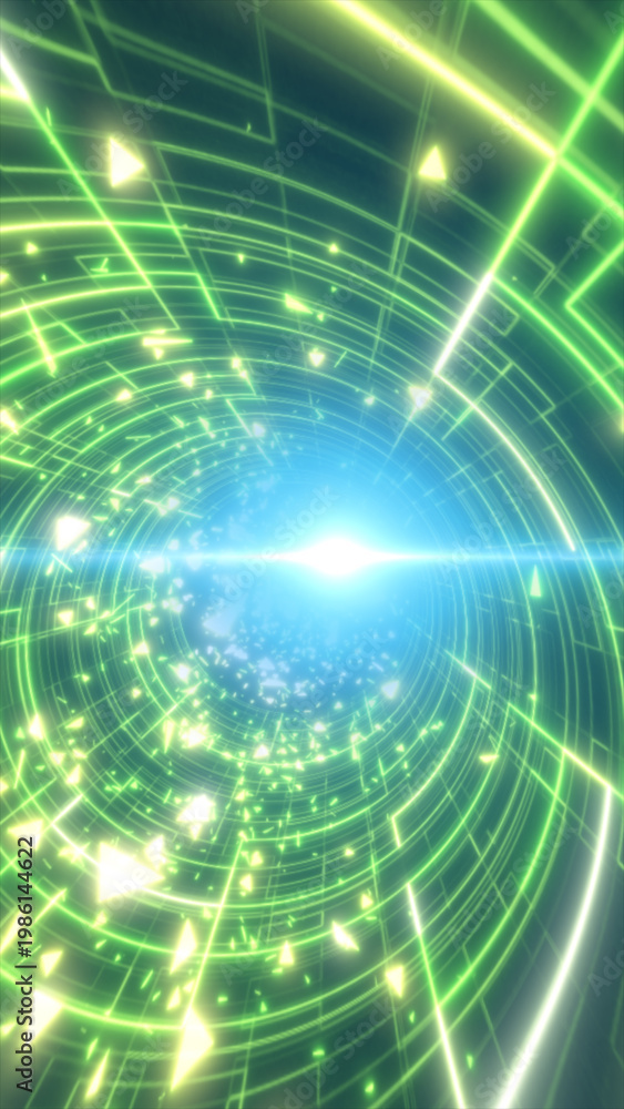 Fototapeta premium Glowing green circular tunnel with geometric lines and scattered triangle particles, forming a bright sci-fi portal effect.