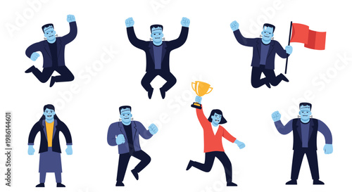 Frankenstein monster character in different funny poses including jumping celebrating and holding a golden trophy or flag.