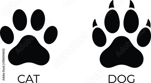 Black Cat and Dog Paw Print Silhouette Set with Claws, Pet Animal Footprint Vector Illustration, Domestic Kitten and Puppy SEO Symbols