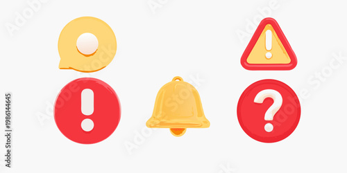 Colorful notification icons including speech bubble bell question mark and exclamation points