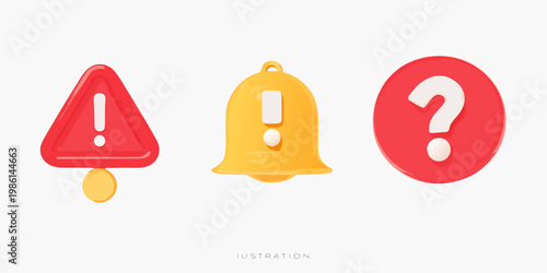 Colorful warning notification and question mark icons in a cartoon style