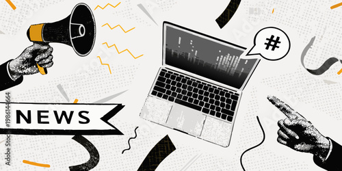 Photos Digital announcement Megaphone laptop and speech bubble convey important news