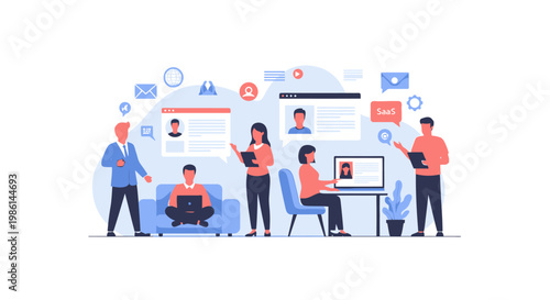 Team Collaboration Scene with Remote Work and SaaS Workspace