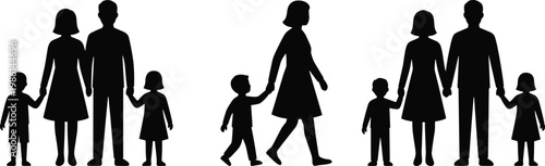 Black family silhouette set, featuring parents holding hands with children, mother walking with son, and happy household groups, isolated on white,