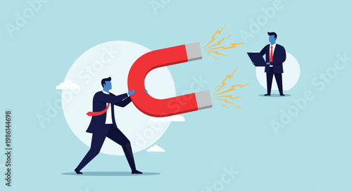 Businessman using a giant magnet to attract a potential client or talent, representing customer acquisition and recruitment.