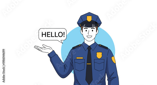 Friendly police officer in blue uniform waving and saying hello in a speech bubble on a blue circle background.