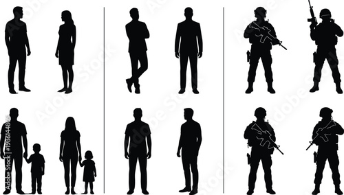 Black silhouette set of people, including casual families, business professionals, and tactical military soldiers with rifles, isolated on white background,