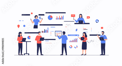 Team of Professionals Analyzing Data Dashboards in Collaborative Office