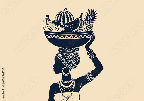African Woman Silhouette Carrying a Large Fruit Bowl on Her Head, Traditional Ethnic Illustration, Tribal Art Style Harvest Concept