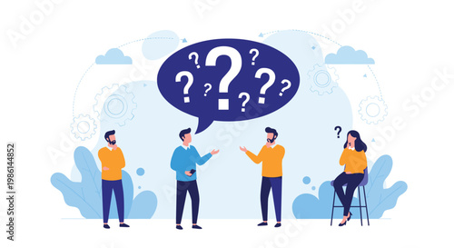 Group of confused people discussing a project under a large speech bubble with question marks, representing a problem.