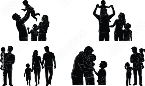 Collection of black family silhouettes showing parents playing with children, father carrying son on shoulders, happy household moments, isolated on white,