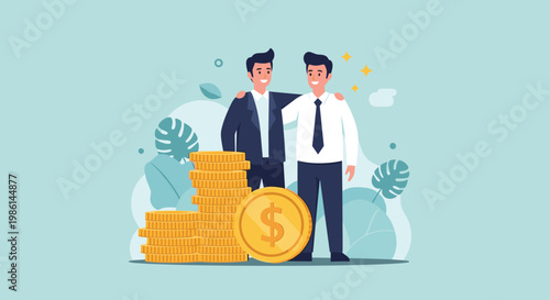 Two happy businessmen in white shirts celebrating their successful partnership next to a stack of gold coins and money.