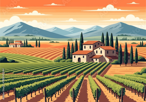 Flat Vector Illustration of a Tuscan Vineyard Landscape with Traditional Italian Farmhouses, Cypress Trees, and Mountains at Sunset. Beautiful Rural Winery Scenery.