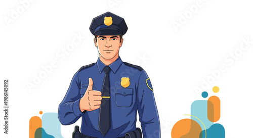 Professional police officer giving a thumbs up for approval and safety in a clean modern flat vector illustration.