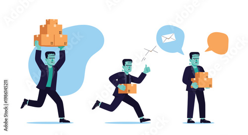 Frankenstein monster character acting as a delivery worker carrying boxes and communicating about shipping status.