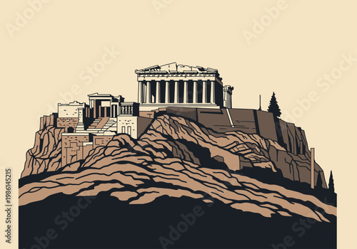 Vintage Style Vector Illustration of the Acropolis and Parthenon in Athens, Greece - Minimalist Travel Poster Art