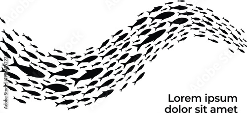 Large School of Fish Swimming in Wave Formation Silhouette, Marine Life Vector Illustration, Underwater Animal Grouping, Ocean Wildlife SEO Graphic Design