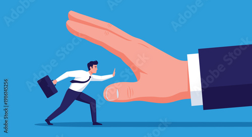 Courageous businessman pushing back a giant hand representing resistance against pressure or overwhelming authority.