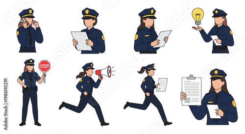 Collection of female police officer characters in various professional actions like patrolling, running, and reporting.