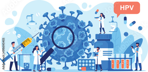 HPV Vaccination and Research Illustration with Scientists, Virus Structure, and Medical Tools for Healthcare, Immunization, and Virus Prevention Designs