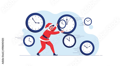 Stressed Christmas elf in a red suit trying to stop or push back giant clocks during a busy holiday deadline.