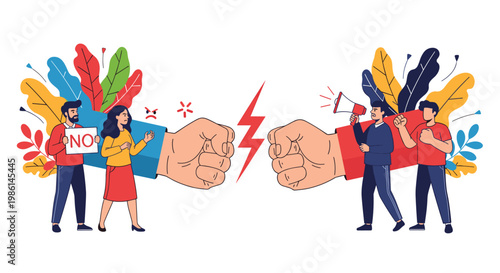 Conceptual illustration of two groups in a protest or strike using giant fists to represent strong social conflict.