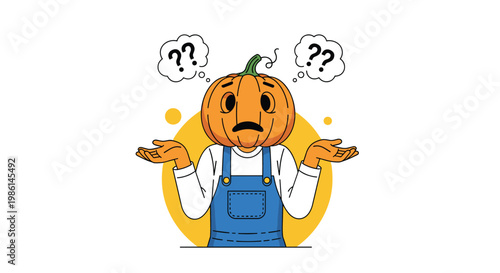 Halloween character with a pumpkin head shrugging its shoulders with question marks in thought bubbles above it.