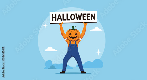 Character with a pumpkin head wearing overalls holding up a large sign that reads halloween in a field.