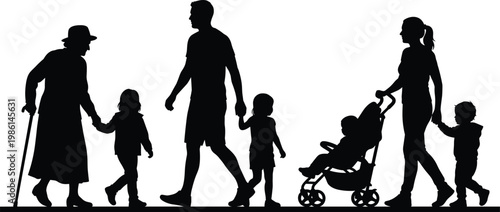 Silhouette of multi-generational family walking, including grandmother with cane, father holding hands with child, and mother pushing baby stroller, isolated
