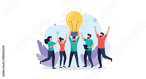 Excited group of young professionals celebrating a new creative idea by holding up a giant glowing lightbulb.