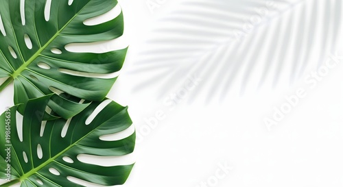 Two large green Monstera deliciosa leaves with holes on white background and shadow.